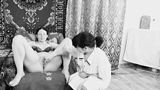 The hidden camera captures a lesbian medical checkup. A mature milf with big boobs gets a thorough exam in the doctor's office.