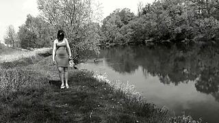 Sweet virgin beauty sways erotically outdoors in homemade spring music video solo