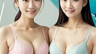 Sweet asian models tease in lingerie panties and barefoot poses