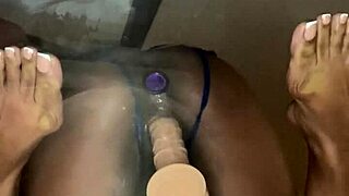 ebony mommy feels dildo double deep in her tight pussy desk ride
