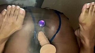ebony mommy feels dildo double deep in her tight pussy desk ride
