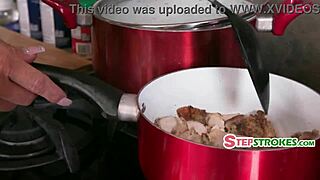 Stepmom cooks as stepson fucks her through pants hole ignoring stepdad