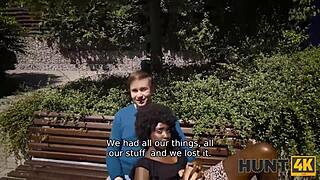 he picks up this ebony slut girlfriend for interracial doggystyle while her old european cuckold watches