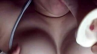 young slut drools on dildo as her huge natural tits and nipples jiggle slow-mo.