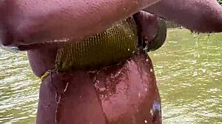 imagine soap bubbles popping on that ebony milf's bikini in the jungle shower under forest views