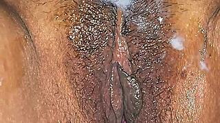 Juicy mature latina wife spreads wet hairy pussy lips for husband's close-up missionary fuck in tight underwear