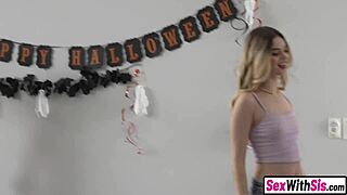 yo stepsis and her bestie throw this wild halloween threesome bash with stepbro pounding away