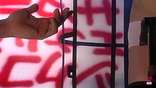 Blonde small tits babe escapes cage to suck kiss lick and fuck tattooed guy in stockings.