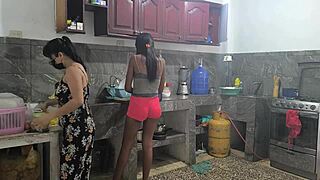 Housewives get horny while preparing lunch for their bosses they touch each other sensually