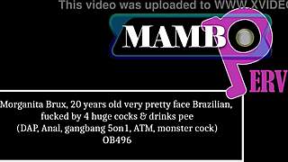 Pretty brazilian takes four huge cocks