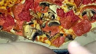 Pizza leads to kinky masturbation and cum on food for this arab teen