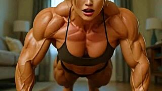 muscular girl builds muscles with intense push ups