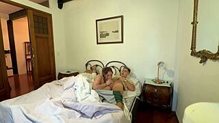 Cuckold husband share his wife with muscular neighbor