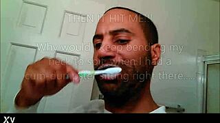 blonde cougar spits toothpaste during nasty bathroom blowjob with fat bbw girlfriend