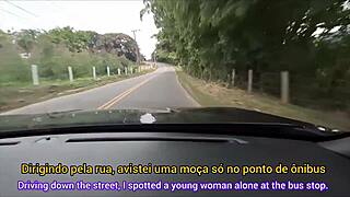 Risky handjob on the street for the bus stop student
