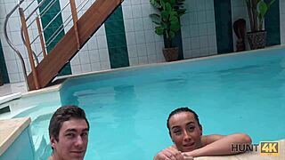 Brunette teen sucks mature lover cock for cash in hidden pov!