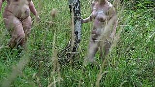 completely naked lesbians with hairy pussies walk in nature and get covered with ice cream amateur fetish of two exhibitionists and food fetish outdoor