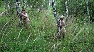 completely naked lesbians with hairy pussies walk in nature and get covered with ice cream amateur fetish of two exhibitionists and food fetish outdoor