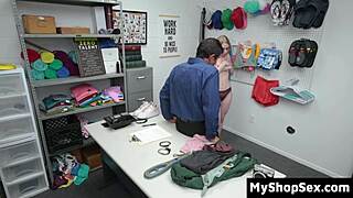 Handcuffed blonde thief keeps trying to steal from the office so the officer fucks her to control her urges - myshopsex
