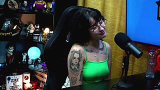 martina oliveira walks around and flashes her natural tits during the podcast, making ruan drool.