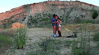 Mature woman rides cowboy in outdoor public blowjob session