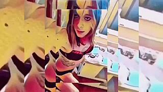 hot shemale undresses in bathroom with ripped clothes