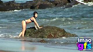 Hot Brunette Lingerie Beach Orgasm!