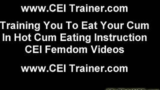 in a femdom bdsm scene, she makes him eat cum off her tits from pov.