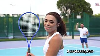 curly ebony spinner rides big cock after tennis