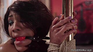 brunette dominates tied ebony in lesbian anal bondage, gagging and bdsm play