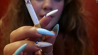 fetish girl in shorts with cigarette showing fingernails closeup