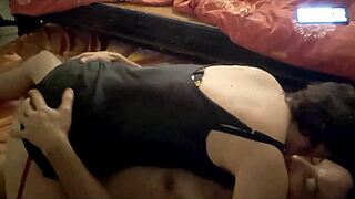 French slut in black satin dress and red garter belt gets doggystyle fucking with blowjob and dirty talk