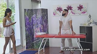 European beauty gives a sensual massage with oils and oral pleasure
