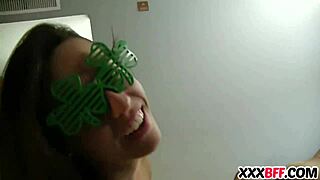 Slutty petite lesbians celebrate St. Patty's with hardcore group POV cock and pussy action