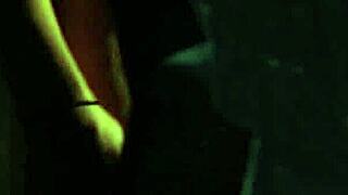 Blonde babe Sarah performs deepthroat on a massive cock through a glory hole