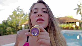 Sara blonde latina uses dildo for double anal vaginal penetration orgasm