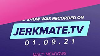 Macy Meadows feels overwhelming arousal as her wet pussy gets fingered and dildo-played in nature on Jerkmate TV.