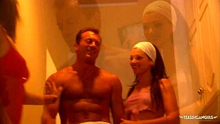 He expresses love to the brunette, then they have steamy sex on the balcony.