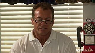 He expresses love to the brunette, then they have steamy sex on the balcony.