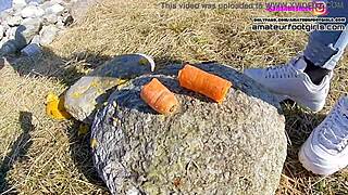 Girl teases with sweaty Fila sneakers and stinky wet nylons. She crushes and plays in sexy nylon feet.