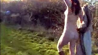 I watch this skinny european lassie tied down, masturbating with toys and flashing small tits in public