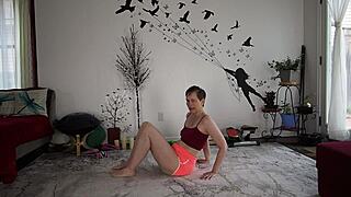 Hot milf stretches in panties and showcases her sexy feet and cameltoe