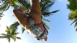 shibari at public beach with lordshibarifloripa ripping clothes