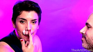 blowjob & cum on lips with ripped clothes and dripping lick 😈