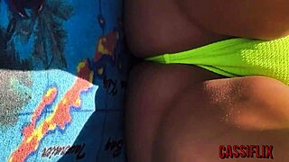 Blonde milf in lingerie shows her big tits and pussy outdoors, then gets blowjob in car.