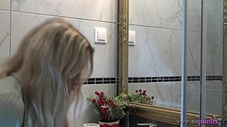 Why is my sexy blonde wife changing panties in bathroom?