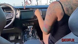 I took off my panties in the car, making him crazy with desire. He pulled out his hard dick, and I sucked him right there