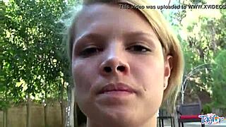 Blonde teen masturbating with dildo in outdoor pool.