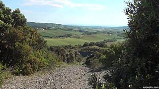 Suzie Q outdoor masturbation with dildo squirting her asian italian pussy