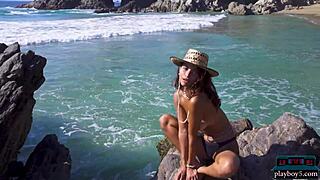 Young Latina teen, Carolina Reyes, strips down to her birthday suit on the seaside
